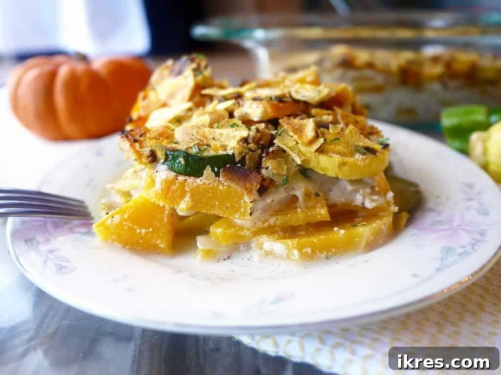 Paleo Gluten Free Squash Au Gratin 10 Close-up of freshly baked Paleo Gluten-Free Squash Au Gratin with crispy plantain topping