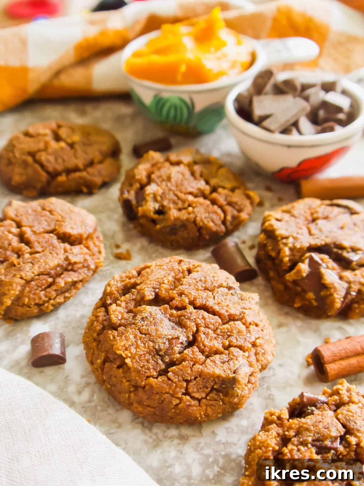Grain-Free Pumpkin Spice Cookies 3 Closeup of almond flour pumpkin cookies, with fresh chocolate chips, pumpkin puree, and cinnamon sticks scattered around.