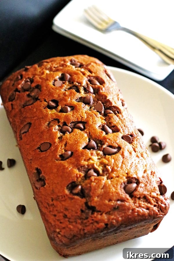 This Chocolate Chip Banana Bread is moist from the bananas and extra sweet from the chocolate chips. A golden brown loaf, sliced, showing melted chocolate chips and a soft texture.