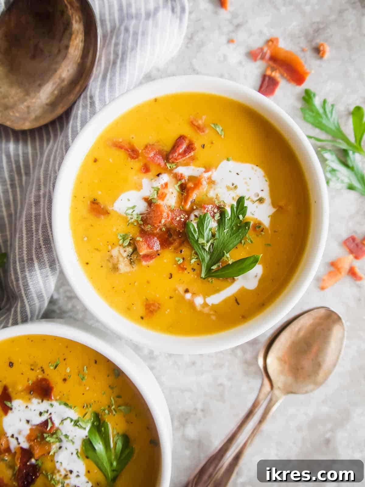 Aerial view of butternut squash soup with chicken in bowls.