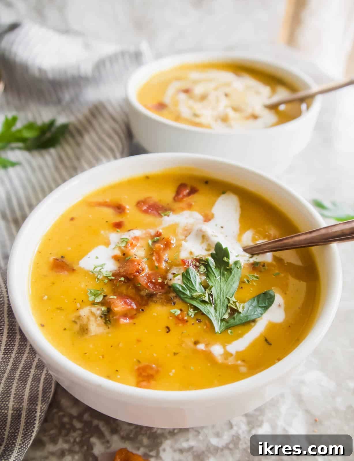 Side view of a bowl of creamy chicken butternut squash soup.