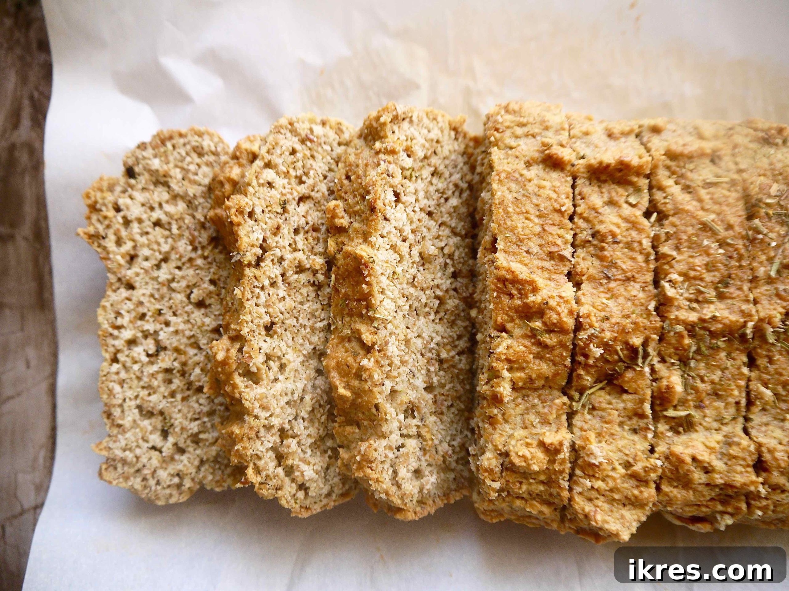 Wholesome Paleo Stuffing with Sausage, Apple and Chestnut Medley 4 Freshly baked flaxseed bread cooling on a rack.