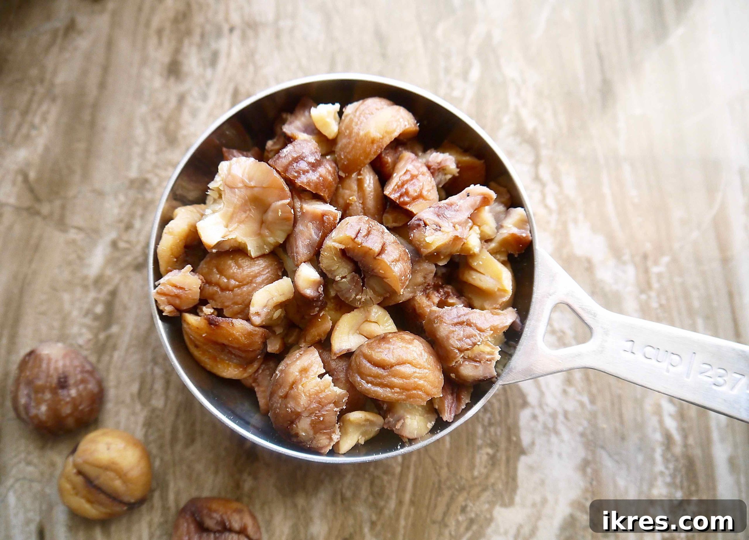 Wholesome Paleo Stuffing with Sausage, Apple and Chestnut Medley 7 Chopped steamed chestnuts, ready to be folded into the stuffing mixture.