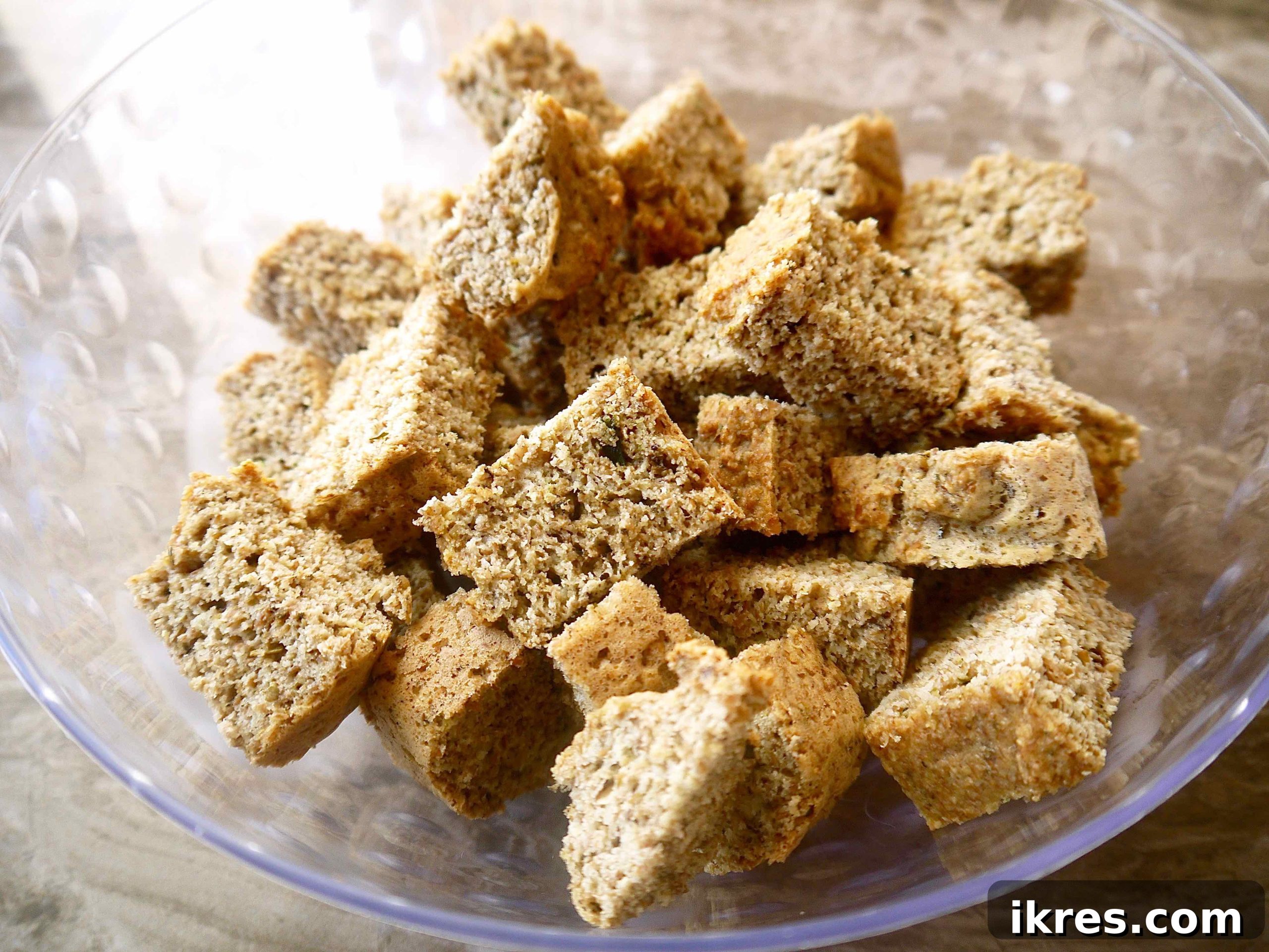 Wholesome Paleo Stuffing with Sausage, Apple and Chestnut Medley 8 Cubed flaxseed bread in a bowl, ready to absorb the rich flavors.