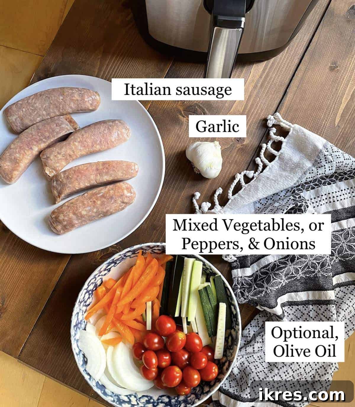Air Fryer Italian Sausage Perfection 3 The ingredients in air fryer Italian sausage and peppers laid out and labeled.