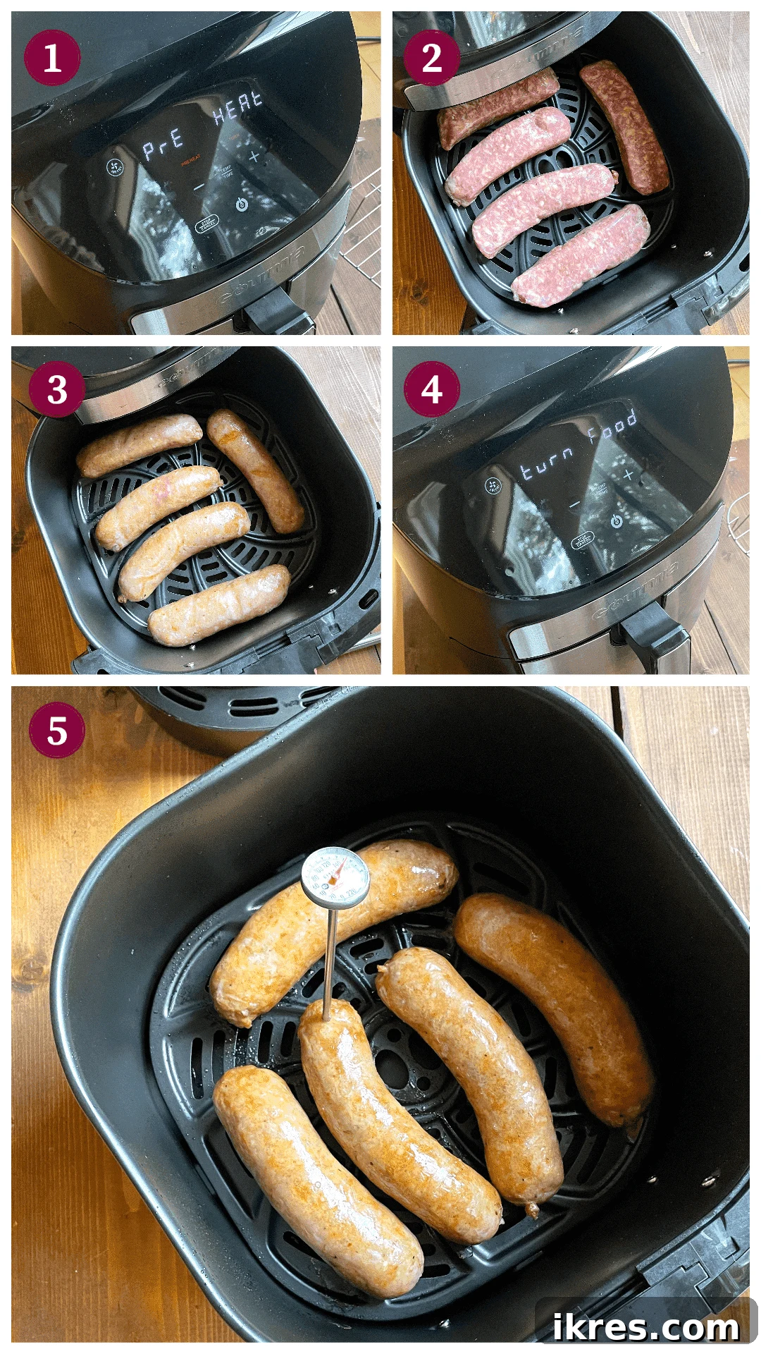 Air Fryer Italian Sausage Perfection 4 A collage of images showing how to air fry Italian sausage, steps 1-5.
