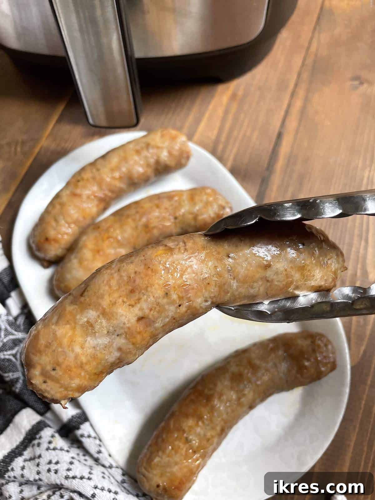 Air Fryer Italian Sausage Perfection 5 A pair of tongs holding an air fried Italian sausage over a white plate.