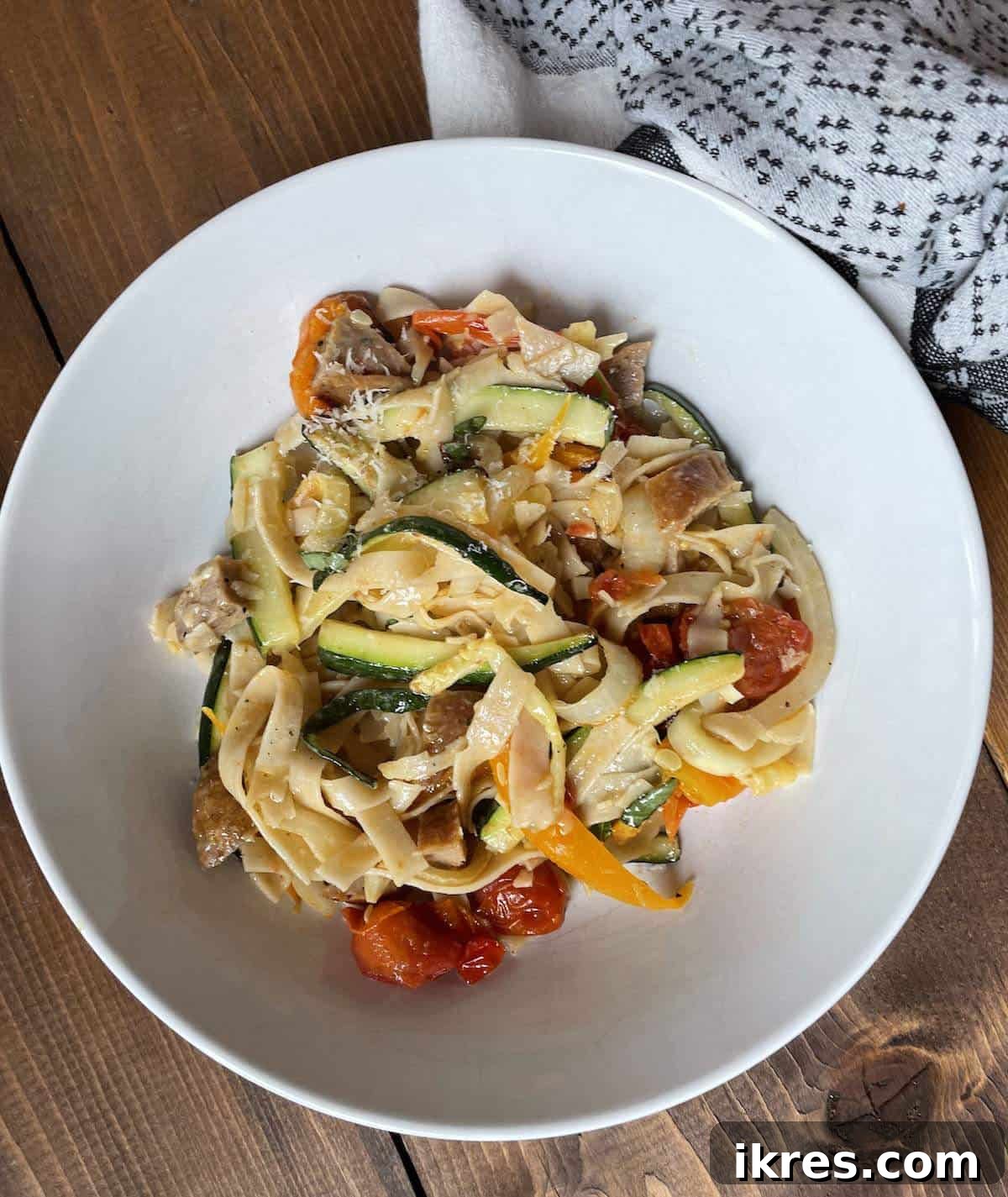 Air Fryer Italian Sausage Perfection 8 Sourdough pasta with air fried vegetables and Italian sausage.