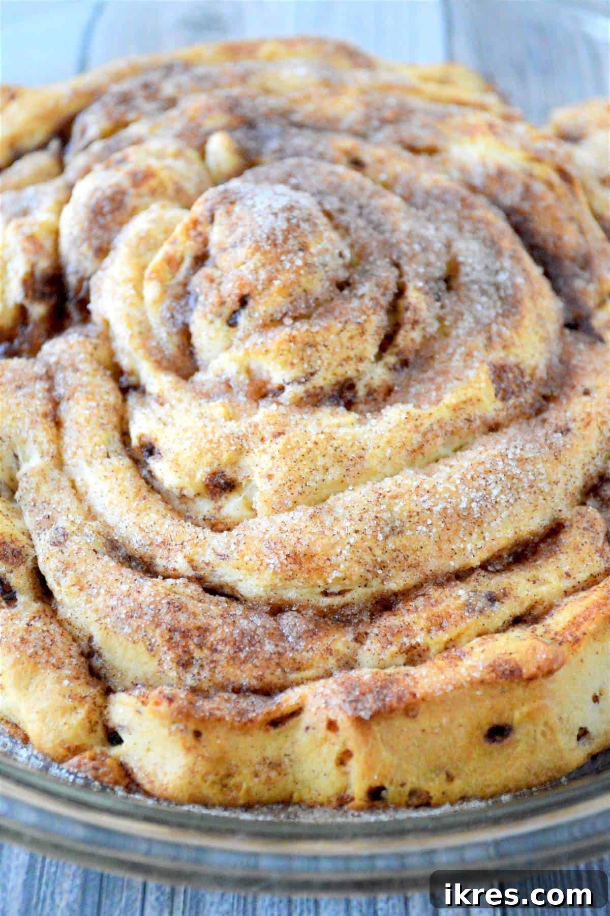 A whole baked giant fluffy cinnamon roll covered in cinnamon sugar, cooling on a wire rack.