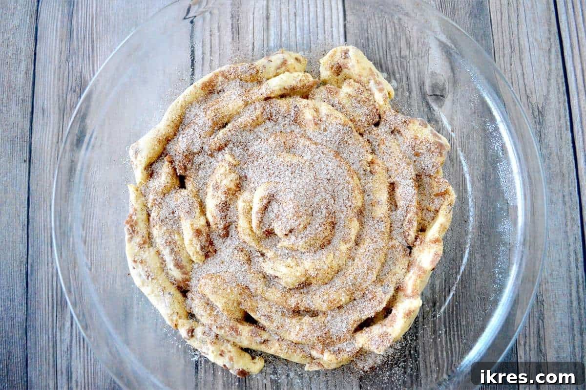 A close-up of the unbaked giant cinnamon roll, ready for the oven, topped generously with cinnamon sugar.