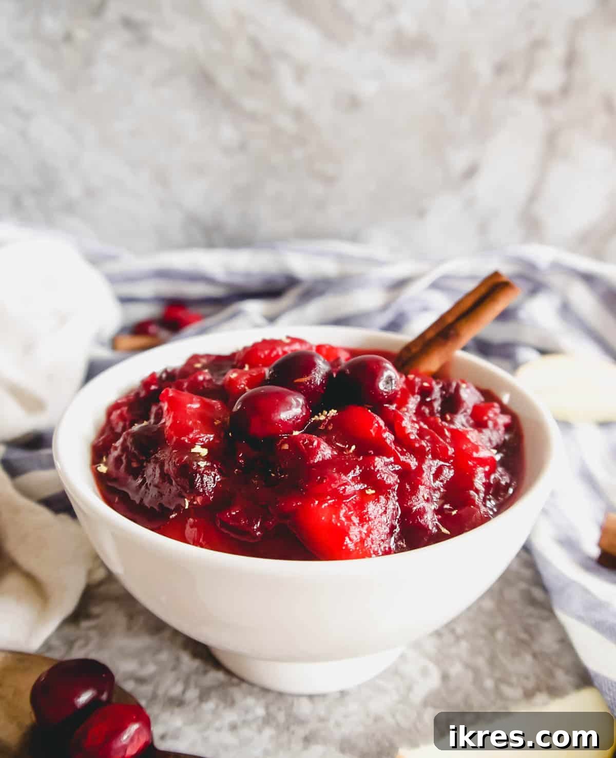 Ruby Apple Cranberry Compote 2 A beautifully textured homemade cranberry apple sauce in a ceramic bowl, garnished with a cinnamon stick, ready to be served.