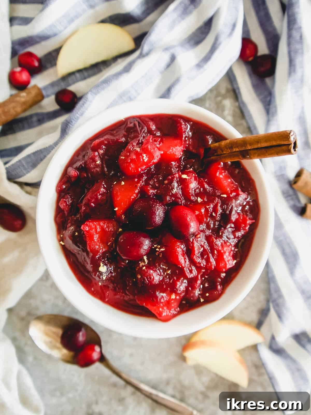 Ruby Apple Cranberry Compote 8 A close-up shot of homemade apple cranberry sauce in a bowl, with whole cinnamon sticks and star anise as garnish, showcasing its festive appeal.