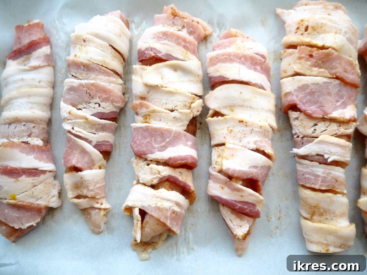 Guilt Free Paleo Keto Bacon Wrapped Chicken Tenders 6 Raw chicken tenders expertly wrapped in bacon strips, ready for baking.