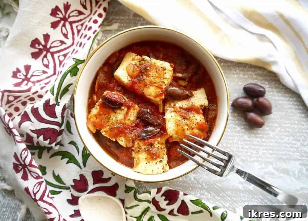 Poached Halibut in San Marzano Tomato Sauce with Olives (Paleo, GF) | Perchance to Cook, www.perchancetocook.com