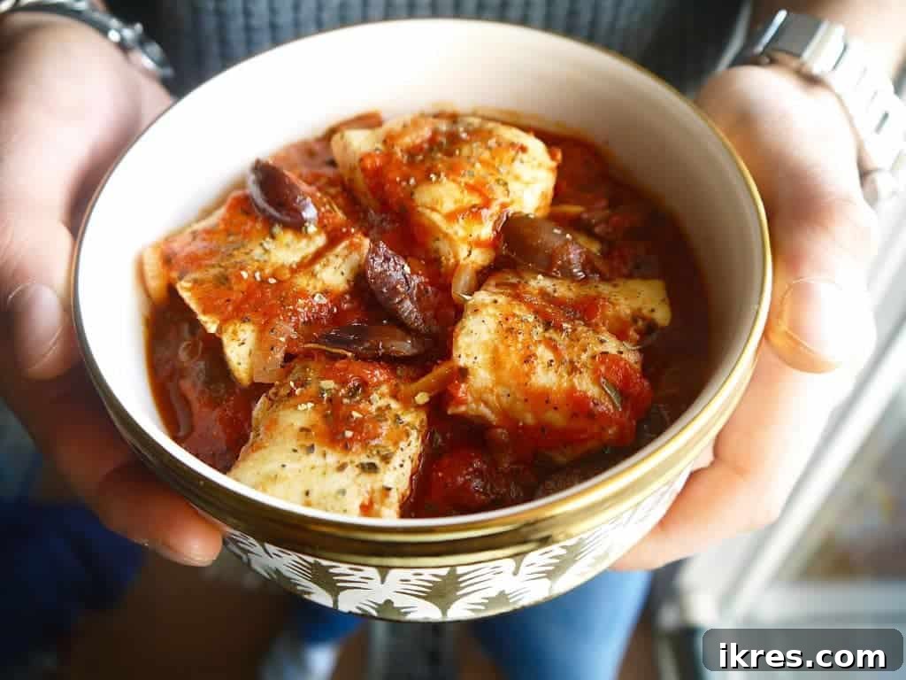 Poached Halibut in San Marzano Tomato Sauce with Olives (Paleo, GF) | Perchance to Cook, www.perchancetocook.com