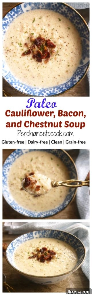 A final close-up of a bowl of Paleo Cauliflower, Bacon, and Chestnut Soup, highlighting its rich color and texture.