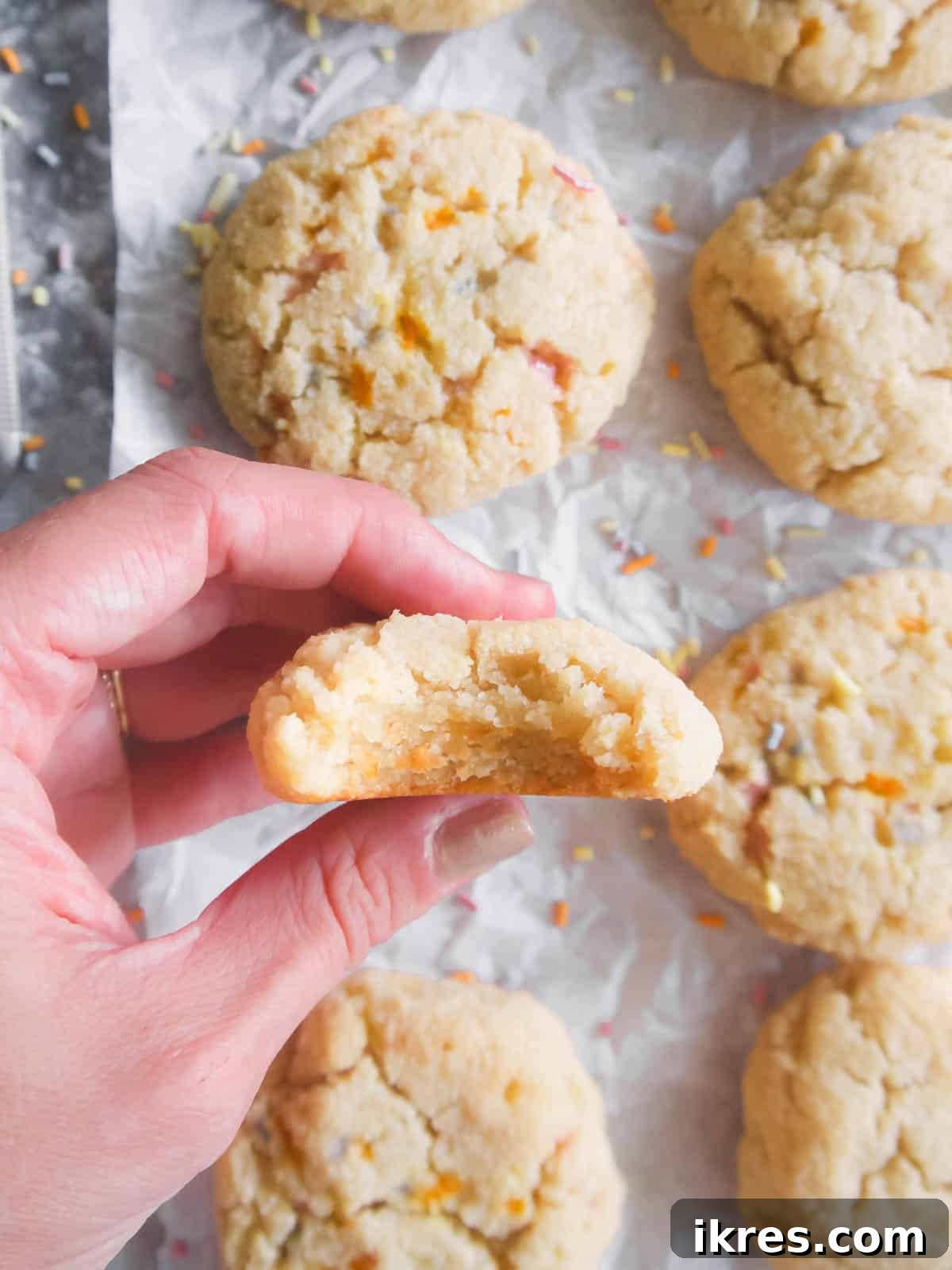 Paleo Vanilla Bean Cookies 6 A Paleo sugar cookie with a bite taken out, revealing its soft and chewy texture.