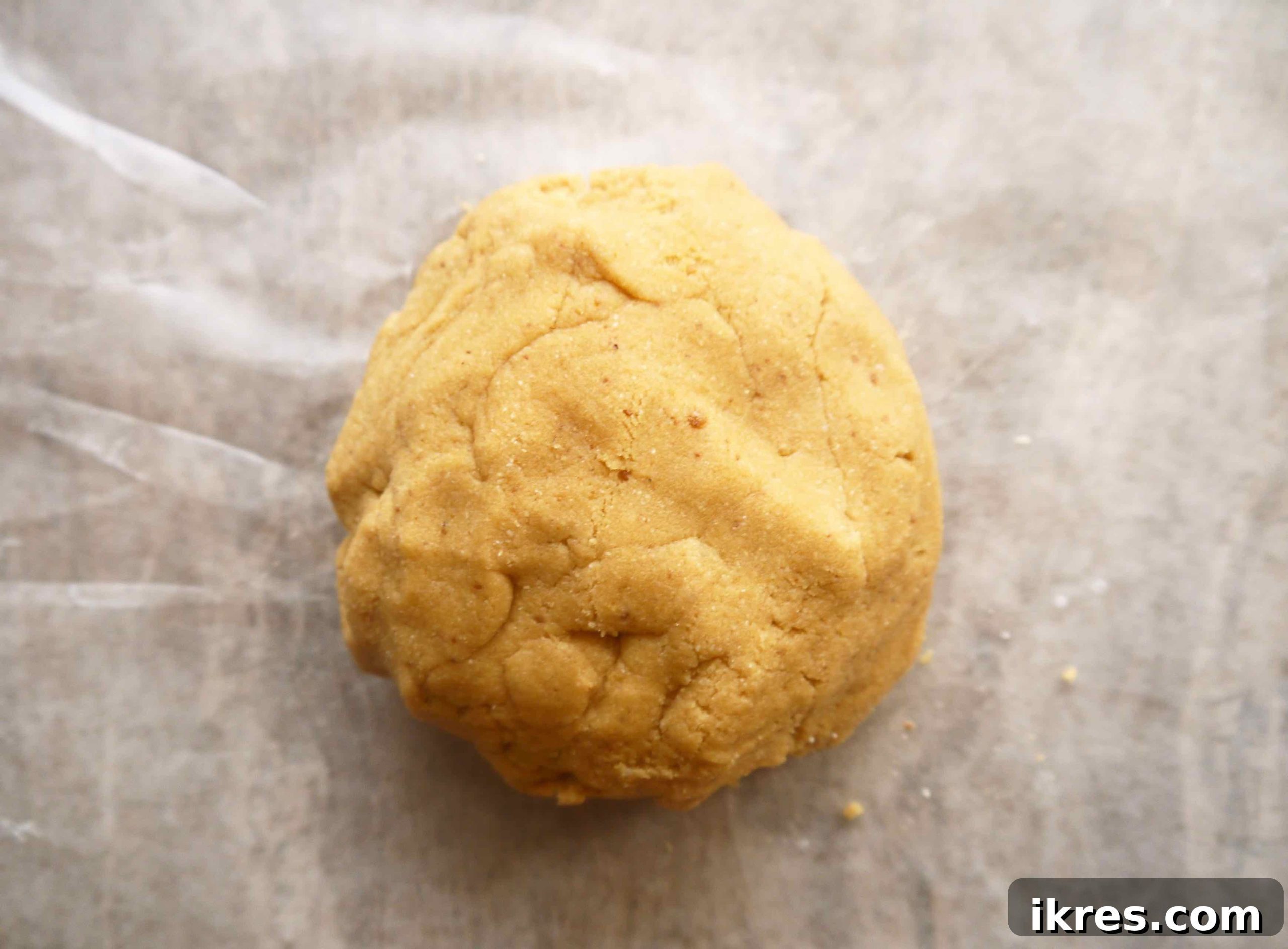 Paleo vanilla cookie dough rolled into a perfect ball, ready for flattening and cutting.