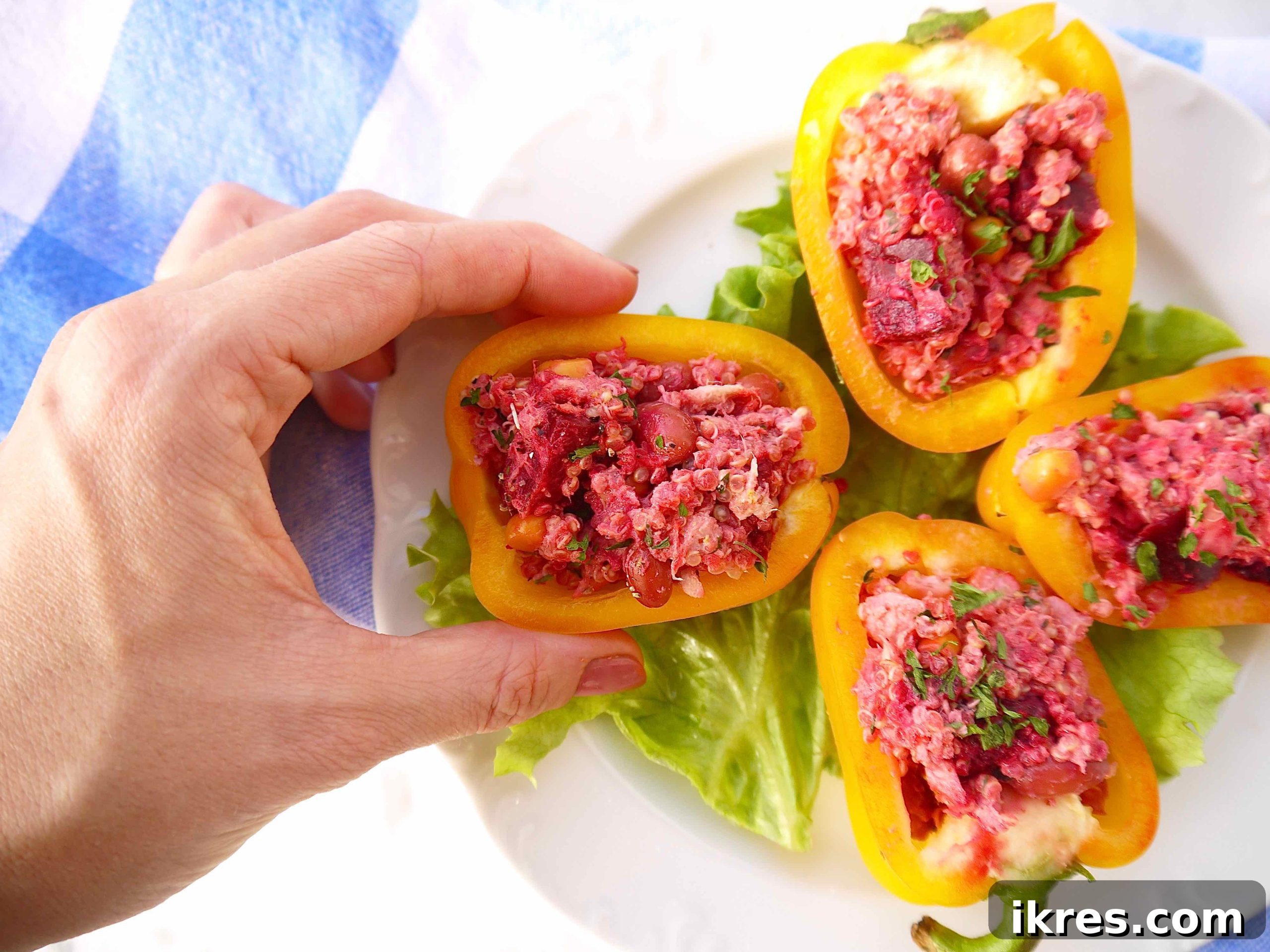 Vibrant Quinoa Beet Salad with Tuna 9 Bell peppers generously stuffed with colorful quinoa beet salad.