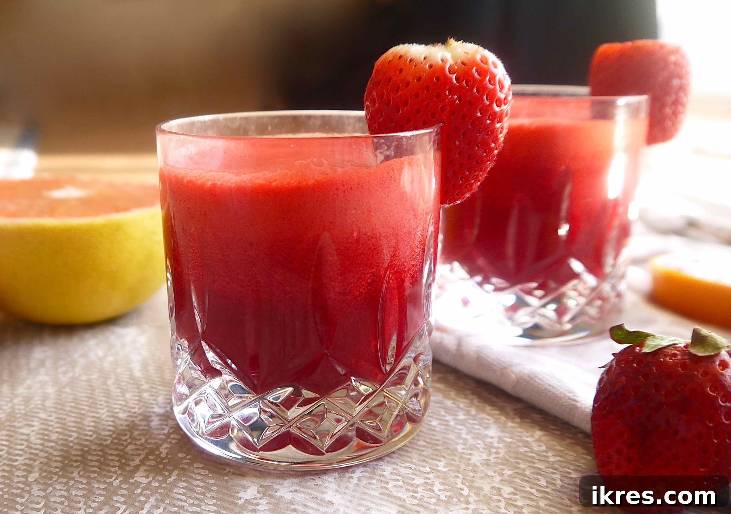 Refreshing Strawberry and Beet Juice in a glass. Side angle view of a glass filled with vibrant red strawberry and beet juice, showcasing its rich color and inviting texture.
