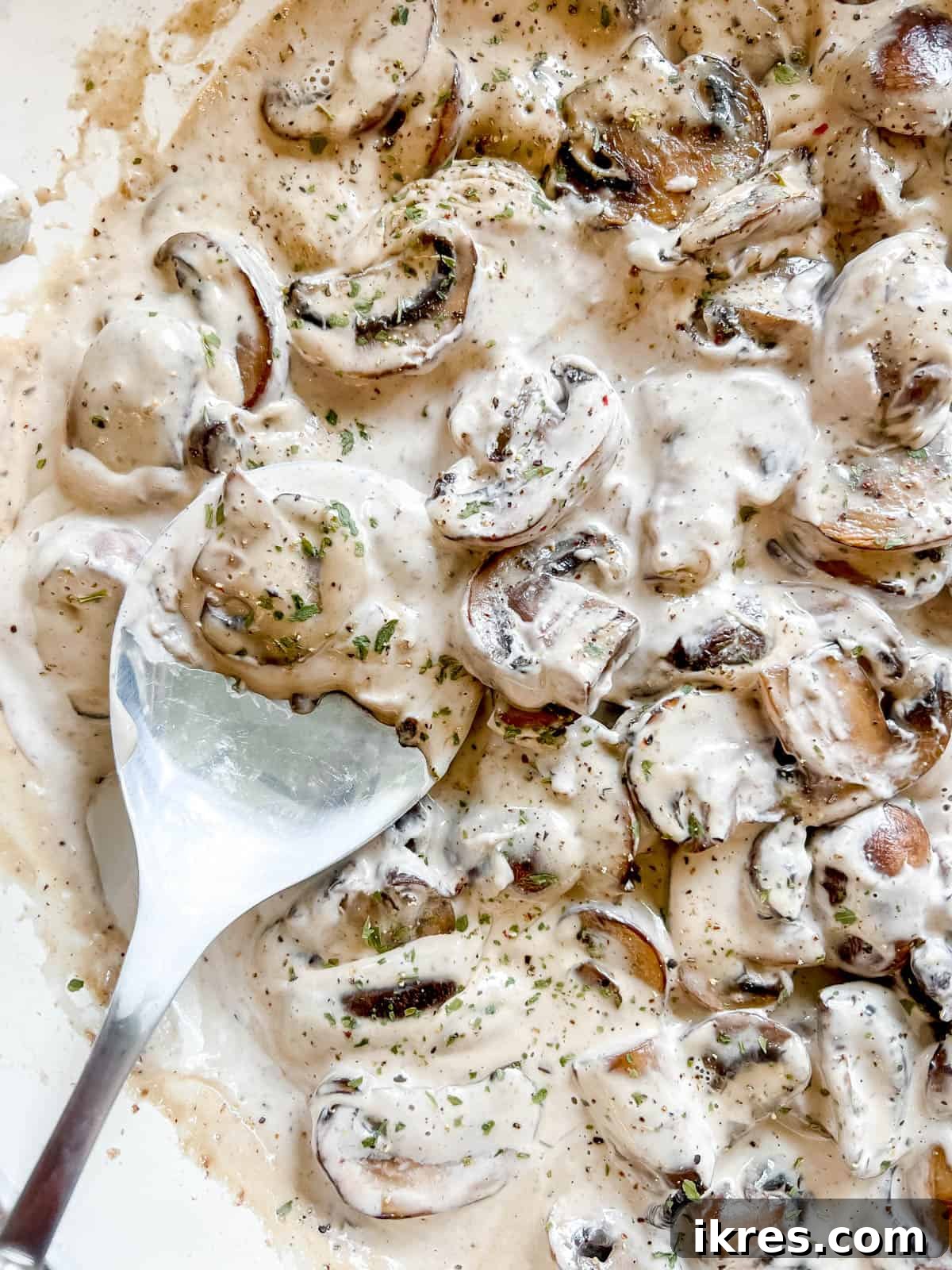 A close-up shot of a rich, creamy dairy-free mushroom sauce simmering in a pan, with a large serving spoon ready to scoop. Ideal for vegan, paleo, and Whole30 diets.