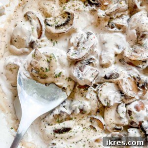 Dairy free mushroom sauce in a pan with a large spoon in it.