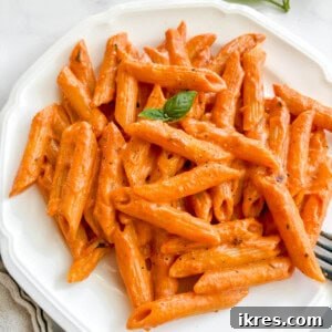 Vegan Vodka Rose Sauce 11 Dairy-free vodka sauce with penne on a plate.