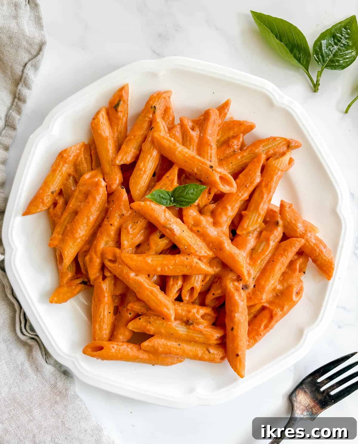 Creamy Vegan Vodka Sauce 9 A beautifully plated serving of vegan vodka sauce with penne, ready to eat.