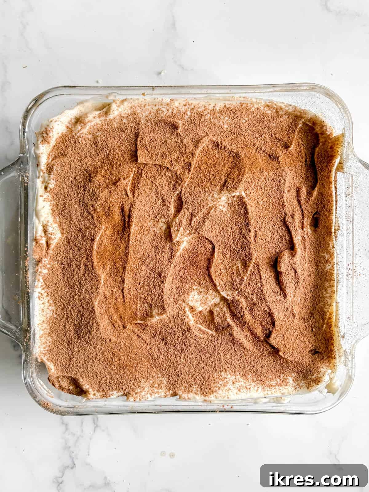 Cocoa powder and cinnamon sprinkled on top of coconut cream tiramisu.