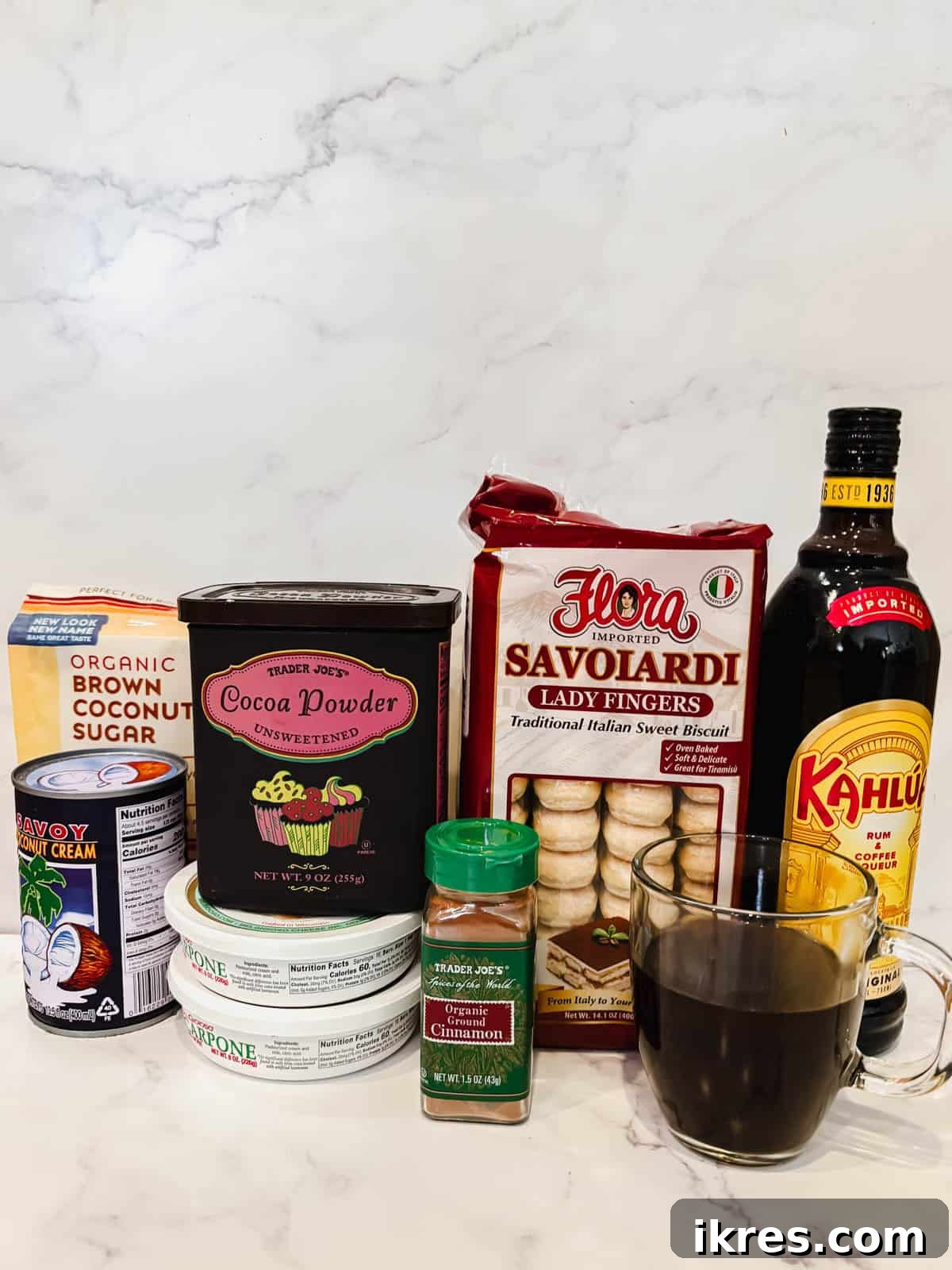 Ingredients needed to make coconut cream tiramisu.