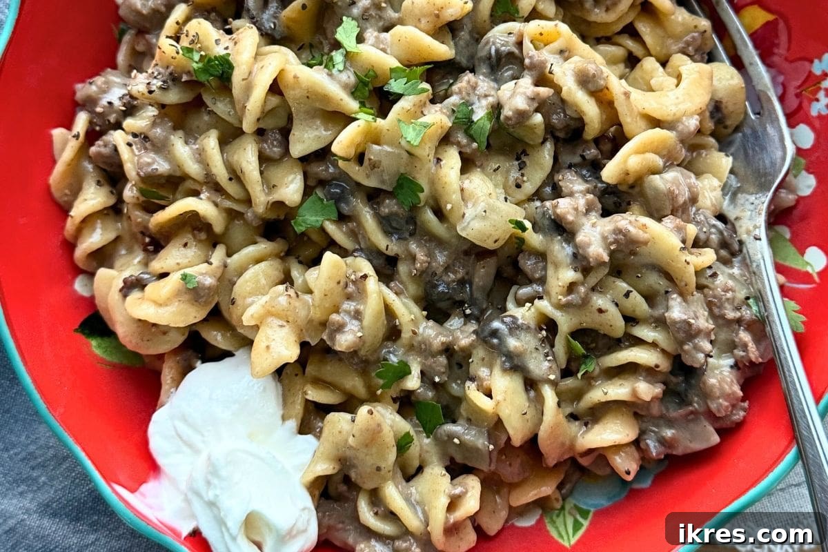 Rich and creamy Instant Pot Ground Beef Stroganoff with tender noodles, perfect for a quick weeknight dinner.
