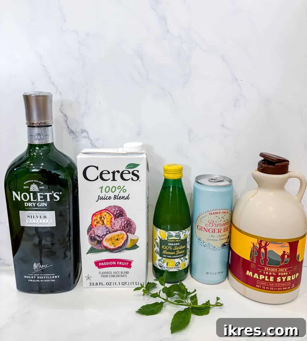 Ingredients needed to make this passion fruit gin cocktail.