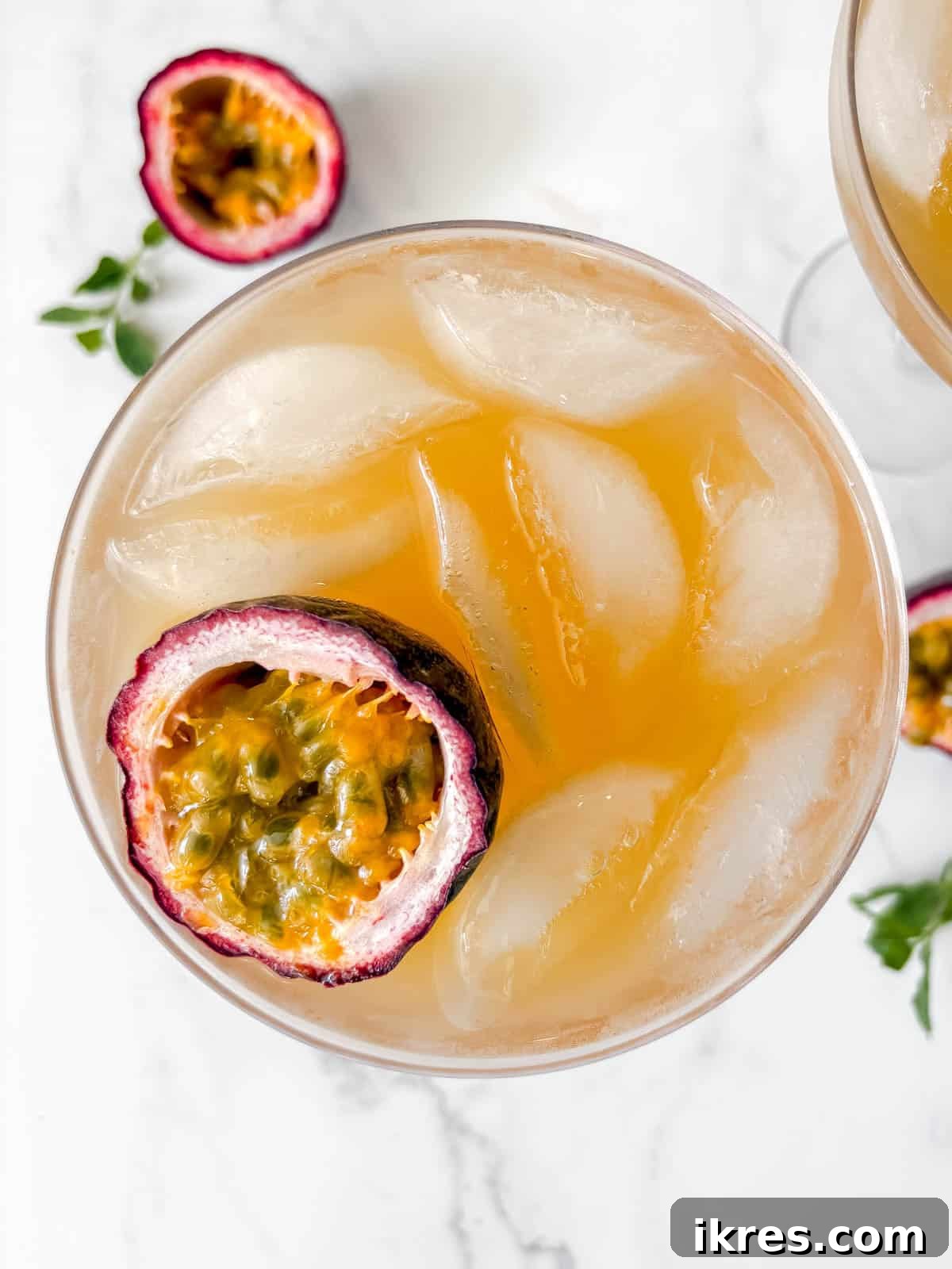 Bird's eye view of passion fruit juice cocktail.