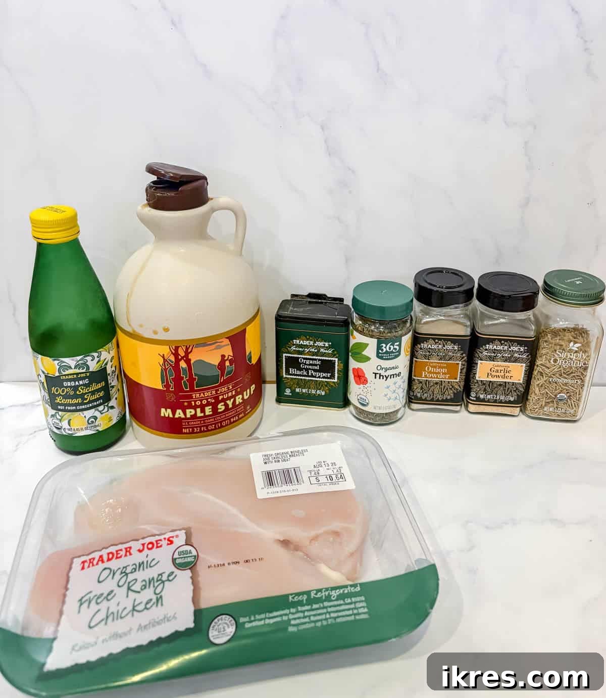 Ingredients needed to make lemon maple chicken.